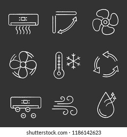 Air conditioning chalk icons set. Air conditioner, louvers, exhaust fan, ventilator, winter temperature, ventilation, ionizer, airflow, humidification. Isolated vector chalkboard illustrations
