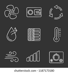Air conditioning chalk icons set. Power level, thermostat, ventilation, humidification, floor heating, thermometer, airflow, climate control knob, exhaust fan. Isolated vector chalkboard illustrations