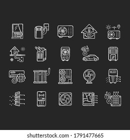 Air conditioning chalk white icons set on black background. Climate control technology. Different household appliances and systems for temperature control. Isolated vector chalkboard illustrations