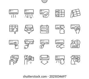 Air conditioning cleaning. Before and after. Price. Detergent. Cleaning service. Pixel Perfect Vector Thin Line Icons. Simple Minimal Pictogram