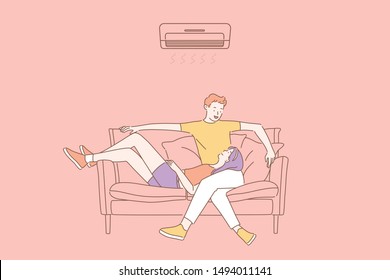 Air conditioning, climatic control concept. Couple in love relaxing under the air conditioner at home. Young happy guy and girl enjoy cool on hot summer day at home or in office. Simple flat vector.