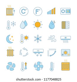 Air conditioning color icons set. Air heating, humidification, ionization, ventilation. Climate control. Isolated vector illustrations