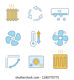 Air conditioning color icons set. Radiator, ventilation, ionizer, exhaust fan, ventilator, climate control, louvers, thermostat, heating element. Isolated vector illustrations