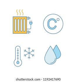 Air conditioning color icons set. Electric radiator, Celsius degree, winter temperature, air humidification. Isolated vector illustrations