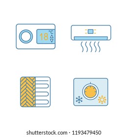 Air conditioning color icons set. Digital thermostat, air conditioner, floor heating, climate control knob. Isolated vector illustrations