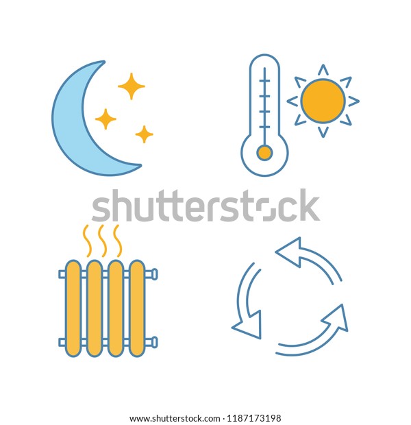 空調の色のアイコンセット 夜の気候 夏の気温 放熱器 換気 分離型ベクターイラスト のベクター画像素材 ロイヤリティフリー