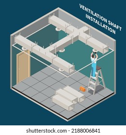 Air conditioning composition with maintenance worker installing ventilation shaft 3d vector illustration