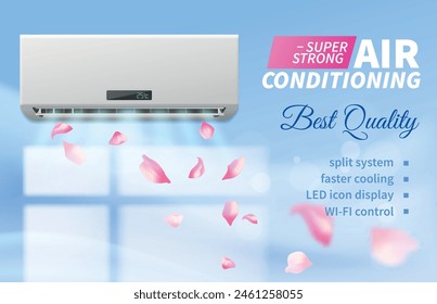 Air conditioning. Conditioner advertising banner design, Hot or cold blowing with flowers, indoor ventilation system, climate realistic isolated element, electrical appliance vector concept