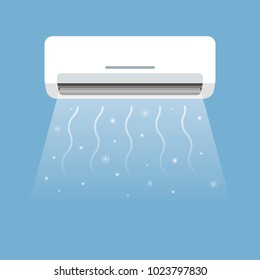 Air Conditioning, Cooling Breeze Blows Cold. Vector Illustration Isolated On Blue Background