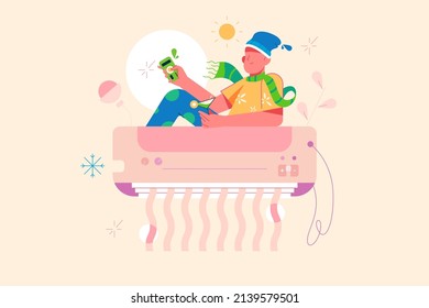 Air conditioning or cooling system during hot days, escaping heat vector illustration. Climate control, set temperature, ventilation concept