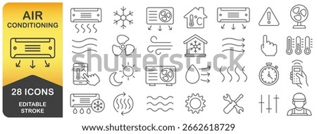 Air Conditioning editable stroke line icon symbol set. Air conditioner thin line icons collection. Air Conditioning outline icon pack. Vector illustration image. Isolated on white background.