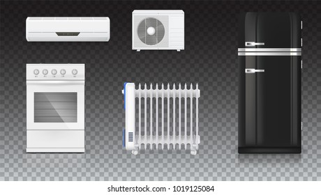 Air conditioning, electric oil radiator, refrigerator with retro design, gas stove. Home electrical appliances. Set icons of household appliances on transparent background. 3D illustration.