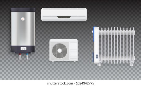 Air conditioning, electric oil radiator, water heater with chrome metal of front side, oil filled heater isolated. Set icons of household appliances on transparent background. 3D illustration