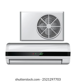 Air conditioning, electronic appliance to clean, freshen and circulate air white color indoor and outdoor units. 3D icons on a white background