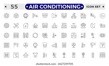 Aire acondicionado con el sistema fresco del icono del contorno del aire frío. Aire fresco y colección de símbolos de enfriamiento.
