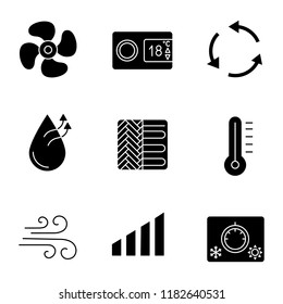 Air conditioning glyph icons set. Power level, digital thermostat, ventilation, humidification, floor heating, thermometer, airflow, climate control knob, exhaust fan. Vector isolated illustration