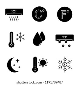 Air conditioning glyph icons set. Conditioner, Celsius, Fahrenheit, winter and summer temperature, water drop, ionizer, night mode, snowflake. Silhouette symbols. Vector isolated illustration