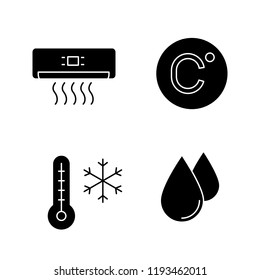 Air conditioning glyph icons set. Air conditioner, Celsius degree, winter temperature, humidification. Silhouette symbols. Vector isolated illustration