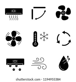 Air conditioning glyph icons set. Air conditioner, louvers, exhaust fan, ventilator, winter temperature, ventilation, ionizer, airflow, humidification. Silhouette symbols. Vector isolated illustration