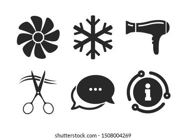 Air conditioning, Hairdryer and Ventilation in room signs. Chat, info sign. Hotel services icons. Climate control. Hairdresser or barbershop symbol. Classic style speech bubble icon. Vector