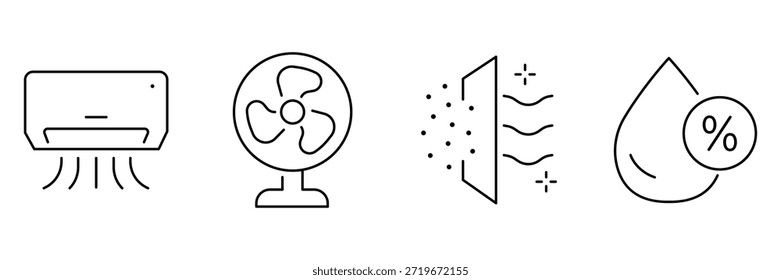 Conjunto de iconos de aire acondicionado, sistema de enfriamiento de la unidad de CA, ventilación del ventilador eléctrico, purificación del Filtrar de aire, ilustración de control de humedad.