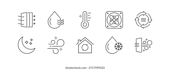 Air Conditioning Icon Set with Editable Stroke in Line Style, Featuring Ventilation, Temperature, and Humidity Control Elements