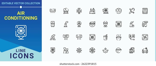 Air Conditioning icon set in linear style. It contains symbols to air, vent, wind, temperature, ventilation and more. Cooling vector line icon set. Modern vector UI icons. Editable vector.