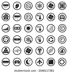 Iconos con aire acondicionado. Diseño Plano Negro En Círculo. Ilustración vectorial.