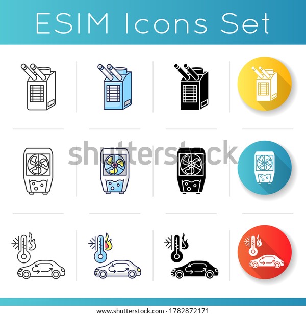 Air conditioning icons set. Linear, black\
and RGB color styles. Different air cooling systems and domestic\
appliances. Evaporative and spot cooler, car ventilation. Isolated\
vector illustrations