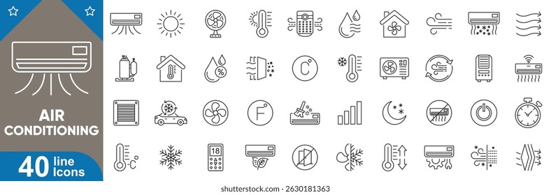 Air Conditioning icons set. Modern cooling, heating, ventilation, thermostat, smart ac, remote control, energy efficient system, climate control symbols collection vector illustration.
