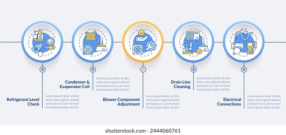 Air conditioning inspection blue circle infographic template. Data visualization with 5 steps. Editable timeline info chart. Workflow layout with line icons. Lato-Bold, Regular fonts used