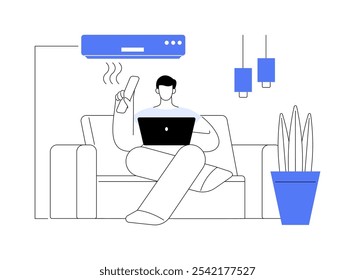 Air conditioning isolated cartoon vector illustrations. Man working with laptop and turning on air conditioner with remote control, home modern technology, house cooling process vector cartoon.