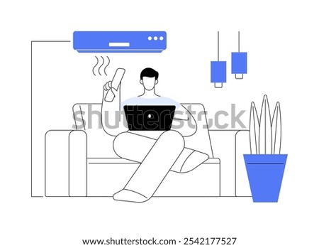 Air conditioning isolated cartoon vector illustrations. Man working with laptop and turning on air conditioner with remote control, home modern technology, house cooling process vector cartoon.