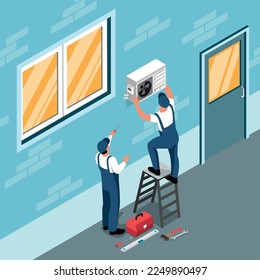 Air conditioning isometric composition with handymen installing cooler vector illustration