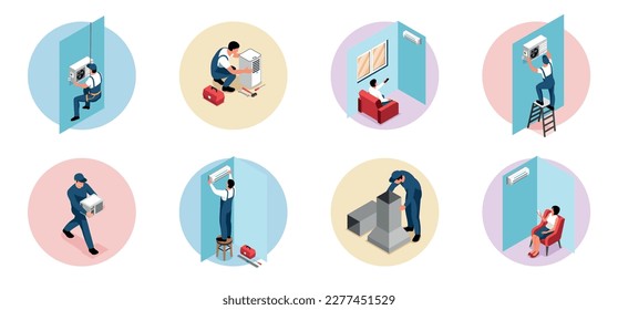 Air conditioning isometric compositions set with climate devices installation isolated vector illustration