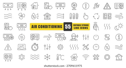 Línea de aire acondicionado Icon Set. 55 Símbolos Claros Y Modernos Para Enfriamiento, Calefacción, Ventilación, Control De Temperatura Y Funciones De Hogar Inteligente. Ideal Para Guías De HVAC, App Móviles. Iconos aislados del vector.