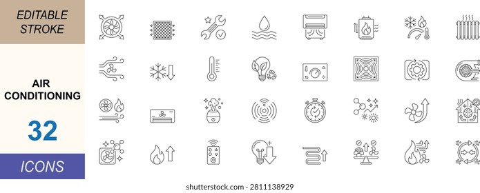 Air conditioning line icon set. Featuring HVAC, cooling, heating, ventilation, thermostat and climate control symbols for web, apps, UI and print projects. Editable stroke.