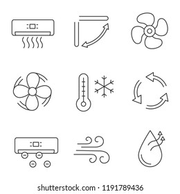 Air conditioning linear icons set. Air conditioner, louvers, exhaust fan, ventilator, winter, ventilation, ionizer, airflow, humidification. Isolated vector outline illustrations. Editable stroke