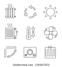 Air conditioning linear icons set. Radiators, ventilation, sun, climate control, exhaust fan, conditioner louver, thermostat, thermometer. Isolated vector outline illustrations. Editable stroke