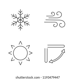 Air conditioning linear icons set. Snowflake, airflow, sun, air conditioner louvers. Thin line contour symbols. Isolated vector outline illustrations. Editable stroke