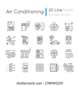 Air conditioning linear icons set. Climate control technology ustomizable thin line contour symbols. Temperature control appliances and systems. Isolated vector outline illustrations. Editable stroke