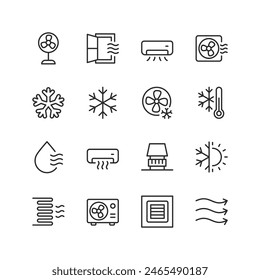 Klimaanlage, lineare Stil Icon Set. Heiz-, Lüftungs- und Kühlsysteme für die Raumklimatisierung. Lüfter, Lüftungsschlitze und Geräte zur Temperaturregelung. Bearbeitbare Strichbreite