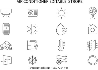 Air Conditioning, linear style icon set. Heating, ventilation and cooling systems for indoor climate control. Fans, vents and temperature regulation equipment.Air conditioner editable stroke.