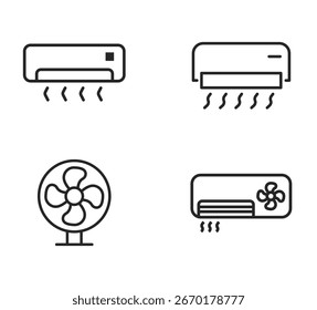 Klimaanlage, lineares Symbol. Heiz-, Lüftungs- und Kühlsysteme für die Raumklimatisierung. Ventilatoren, Lüftungsschlitze und Geräte zur Temperaturregelung. Bearbeitbare Strichbreite.