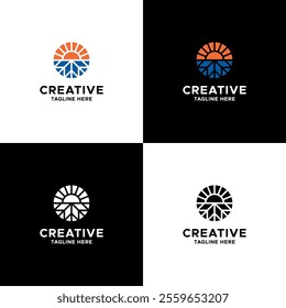 Air conditioning logo. Service logo of heating and plumbing design. Snowflake. Sun. Illustration hot and cool rounded design, combination signs and symbol, blue and orange, circle vector design.