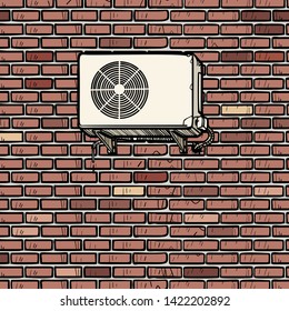 air conditioning on the outside brick wall of the house. Comic cartoon pop art retro illustration drawing