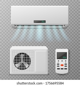 Air Conditioning. Realistic Conditioner With Remote Controller, Hot Or Cold Blowing Air. Fresh Airing Flow In Apartment, Home Or Office, Climate Maintenance Vector Set