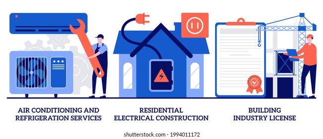 Air conditioning and refrigeration services, residential electrical construction, building industry license concept with tiny people. Builder contractor services abstract vector illustration set.