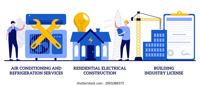 Air Conditioning And Refrigeration Services, Residential Electrical Construction, Building Industry License Concept With Tiny People. Builder Contractor Services Abstract Vector Illustration Set.