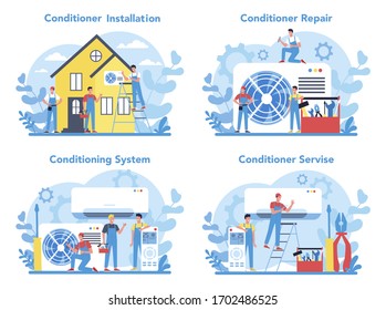 Air conditioning repair and instalation service concept set. Repairman installing, examining and repairing conditioner with special tools and equipment. Isolated vector illustration